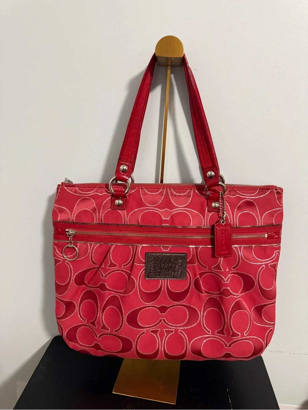 Coach Poppy Red Signature Shoulder Tote with silver tone Hardware!